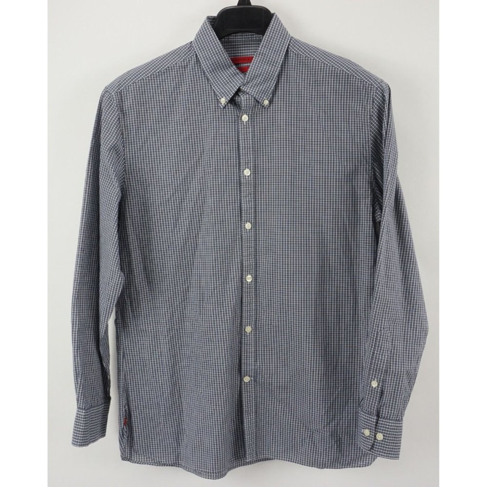 John Varvatos Mens 15.5 Slim Long Sleeve White Dark Blue Plaid Button Down Shirt